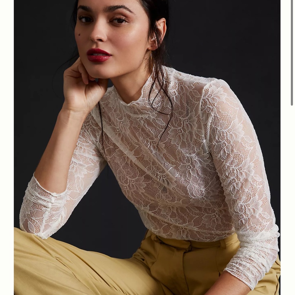Anthropologie White Lace Mock-Neck Sheer Blouse